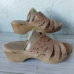 Croft & Barrow Wedge Sandals Womens 10 Leather Casual Faux Wood Rubber Heel